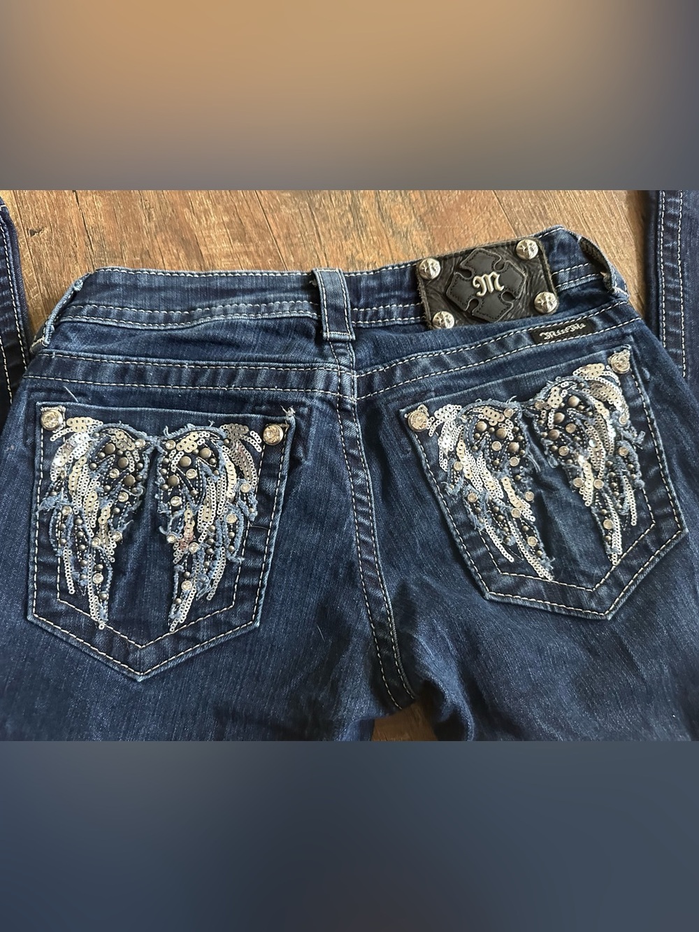 Miss Me Women's Dark Blue straight Cut Jeans with Sequin Embellished Pockets